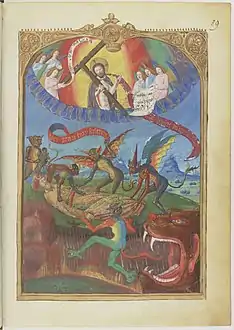 Le sultan saisit par des démons qui l'entrainent vers l'enfer, surplombé par le Christ.