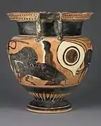 Lion attaquant un taureau (auroch), c'est un thème récurrent sur les poteries grecques. Athènes, VIe siècle av. J.-C.