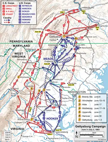 Premiers mouvements de la campagne, jusqu'au 3 juillet ; les mouvements de cavalerie sont indiquées par des tirets.