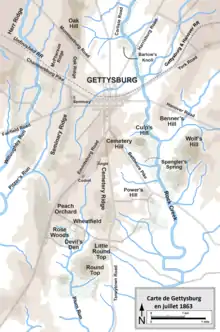 Carte montrant la toponymie, le relief et les cours d'eau environnant Gettysburg.
