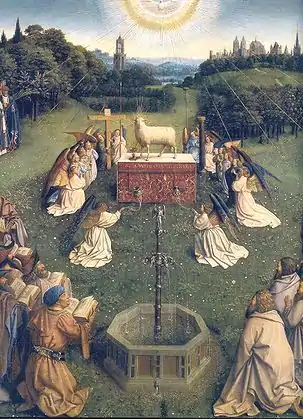 Fontaine du polyptyque L'Agneau mystique de Jan van Eyck, peinture achevée en 1427.