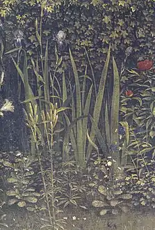 Des douzaines d'iris et d'autres fleurs identifiables sont représentées.