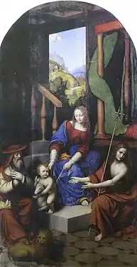 Peinture représentant un groupe formé par une femme assise tournée vers un enfant chevauchant un agneau et encadrés par un jeune homme désignant ce dernier et un vieillard le regardant