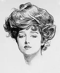 Un portrait « Gibson Girl » par Charles Dana Gibson (Remarque : Cette image emblématique a été sélectionnée par la poste américaine pour en publier un timbre le 3 février 1998).