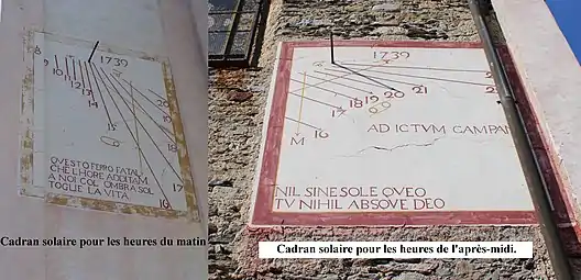 Les deux cadrans solaires de l'église de Gignese (Italie) : l'un, orienté sud-sud-est,  indique les heures du matin, le second situé sur le mur perpendiculaire, orienté sud-est-est, indique les heures de l'après-midi.