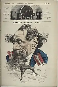 Charles Dickens traversant la Manche en emportant ses livres, publié dans L'Éclipse du 14 juin 1868.