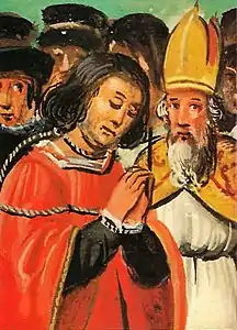 Détail d'une miniature représentant l'exécution de Gilles de Rais. Armes du président Bouhier, manuscrit à peinture, ms français 23836, XVIe siècle, BnF.