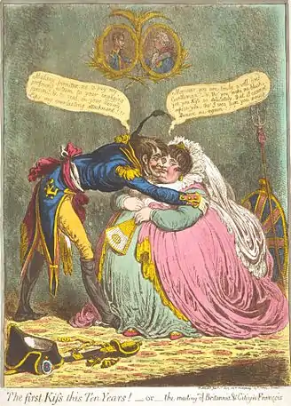 Caricature de la Paix d'Amiens par James Gillray, 1803. Le premier baiser depuis dix ans ! ou la rencontre entre Britannia et le Citoyen françois, personnification de la France révolutionnaire.