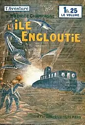 Couverture d'un roman représentant des explorateurs sous-marins, un véhicule à chenille et un plésiosaure.