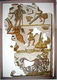 Représentation des divers moments d'un chantier sur une mosaïque de chapelle fragmentaire.