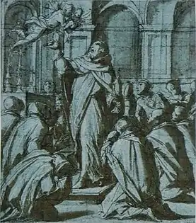 Saint Pierre martyr exorcisant un démon ayant pris les traits d'une Vierge à l'Enfant, Giorgio Vasari, années 1570.