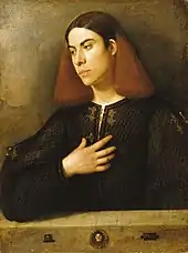 Peinture. Portrait en buste d'un jeune homme aux cheveux longs vu de trois quarts.