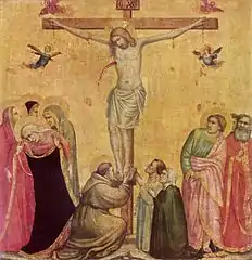 Giotto di Bondone, Le Christ en croix entre Marie et Jean, vers 1300.