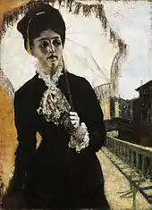 Peinture montrant Maria Antonietta Torriani dans la rue portant une ombrelle