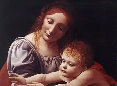 Peinture d'une femme vue en buste portant sur les genoux un très jeune enfant, tous deux regardant un même point sur leur droite