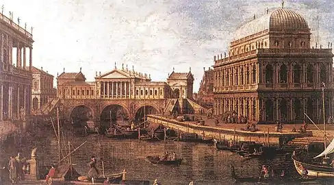 La basilique sur le tableau de Canaletto, Caprice avec édifices palladiens, 1756-1759