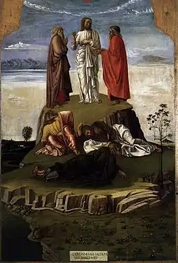 Le Christ au sommet d'un rocher entouré de deux personnages et de trois autres endormis à ses pieds.