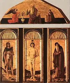 Peinture. En bas, trois saints. En haut, Dieu encadré par l'ange et Marie