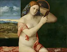 Peinture. Dans un intérieur, une jeune femme nue, en position assise, se regarde dans un petit miroir à main.