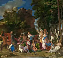 Le Festin des dieux , 1514-29. Peinture reprise et achevée par Titien. Huile / toile, 170 × 188 cm. National Gallery of Art