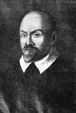 Reproduction en noir et blanc d'un portrait en buste d'un personnage chauve avec barbe.