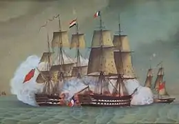 Combat naval entre deux vaisseaux à voile au premier plan, avec un autre vaisseau plus petit au second plan.