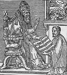 Gravure représentant Giovanni Pierluigi à genoux présentant un livre ouvert au pape, assis sur son trône et le bénissant de sa main.