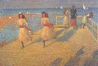Girls running; Walberswick Pier