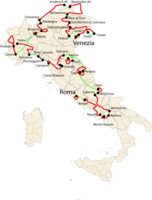 carte de l'Italie comportant l'itinéraire du Giro 2009