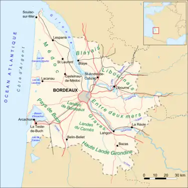 Carte de la position de Bordeaux par rapport au département de la Gironde.