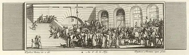 Départ des Girondins pour l'échafaud. Gravure de Duplessis-Bertaux, Tableaux historiques de la Révolution française, Paris, BnF, département des estampes, 1802.