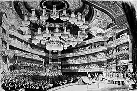 Lithographie de Colle Imerton illustrant une représentation de Giselle en l'honneur de la visite d'Alexandre II  au Théâtre impérial de l'Opéra (salle Le Peletier) en 1867