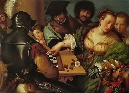 Peinture. Dans un intérieur, un homme et une femme jouent aux échecs sous le regard d'autres personnages