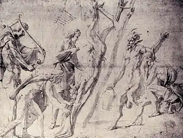 L'Écorchement de Marsyas, dessin à l'encre de Jules Romain (entre 1525 et 1535).