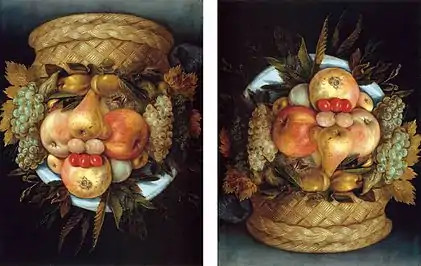 Tête réversible avec panier de fruits, Giuseppe Arcimboldo, 1590.