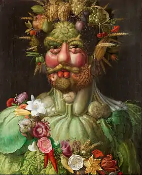 Portrait d'un homme barbu et chevelu à base de fruits et de légumes.