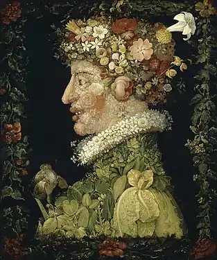 Profil gauche d'un visage composé de fleurs, le corps de feuilles.