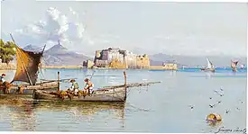 Giuseppe Carelli, Pêcheurs dans le golfe de Naples avec le Vésuve en fond (XIXe siècle).