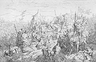 Champ de bataille avec des cadavres d'hommes et de chevaux en premier plan, avec, au centre, un homme remettant son épée à un cavalier, en signe de défaite.