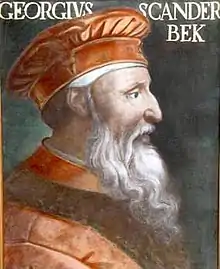 Peinture illustrant le portrait d'un homme barbu coiffé d'un chapeau orange, vu de profil.