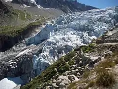 Vue du glacier au niveau de sa séparation en deux parties.