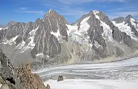 Le glacier du Chardonnet encadré par les aiguilles du Chardonnet (à gauche) et d'Argentière (à droite) vus depuis l'aiguille des Grands Montets au sud-ouest.