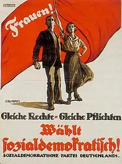 Frauen ! Gleiche Rechte Gleiche Pflichten. Wählt sozialdemokratisch ! (« Femmes ! Mêmes droits, mêmes devoirs. Votez social-démocrate »), affiche social-démocrate, 1919