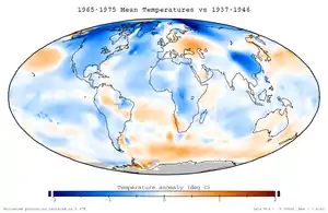 Anomalies de température moyenne pendant la période 1965 à 1975 par rapport aux températures moyennes de 1937 à 1946. Ce jeu de données n'était pas disponible à l'époque.