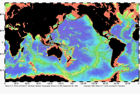 Topographie des océans réalisée à partir des données d'ERS-1 et de Geosat.