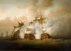 Nicholas Pocock, Le HMS Brunswick entre l’Achille et le Vengeur-du-Peuple, 1795, Musée de Greenwich.