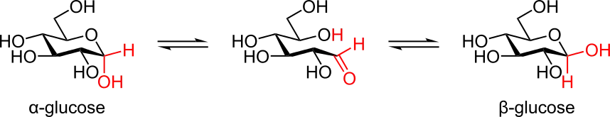 Mutarotation du glucose en solution entre anomères α et β.