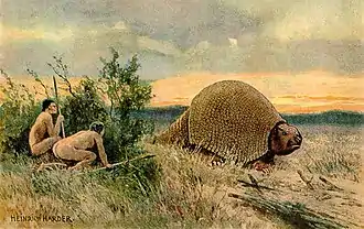 A painting of two people hunting a large animal