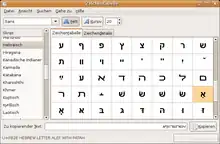 Description de l'image Gnome character map showing hebrew letters some are selected for copying.png.