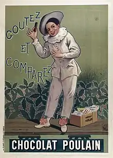 Affiche publicitaire montrant un Pierrot avec un morceau de chocolat dans la main.